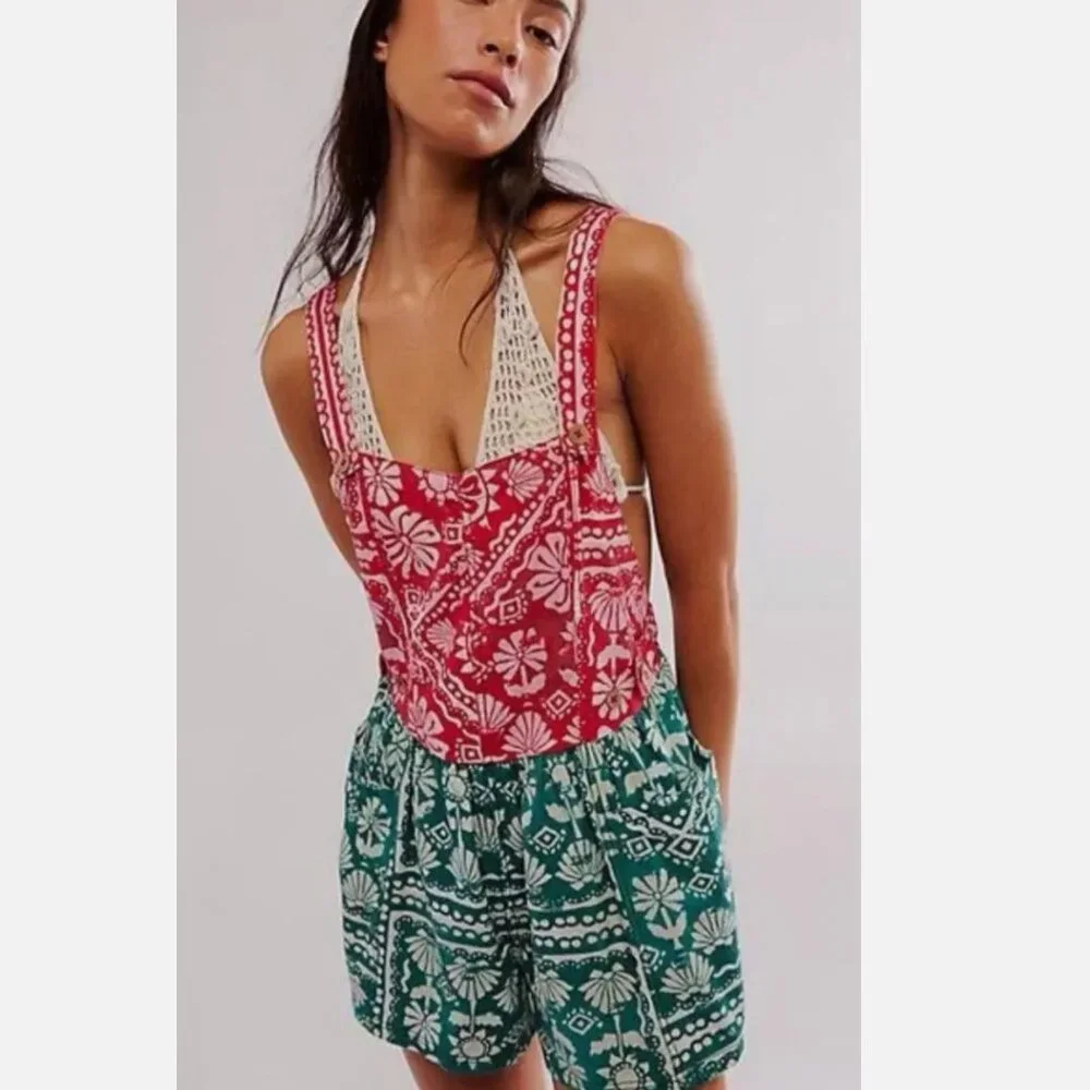 NEW  Free People Women's Red Palm Bay Printed Shortalls